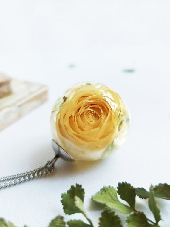 Yellow Rose Flower Pendant Necklace, Dried Rose in Resin