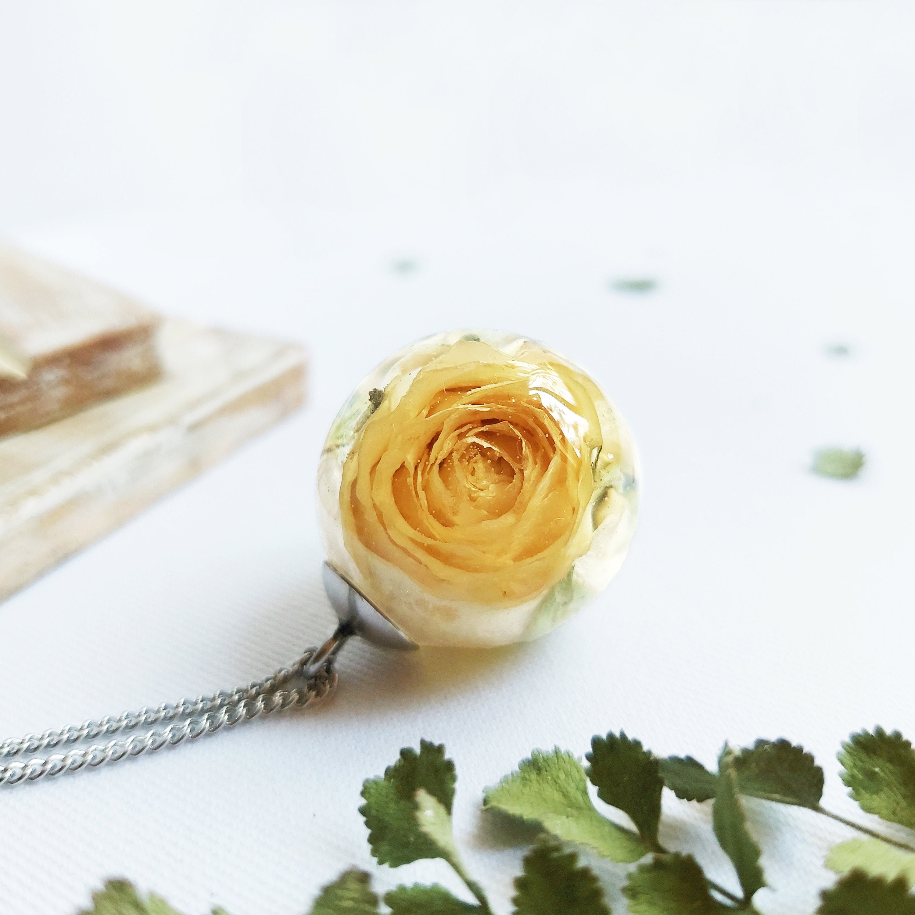 Yellow Rose Flower Pendant Necklace, Dried Rose in Resin