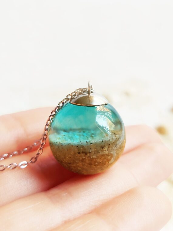 Ocean necklace, Beach sand necklace, Blue aqua crystal necklace, Real sand jewelry, Ocean gift for her, Sphere necklace, Ocean lover jewelry