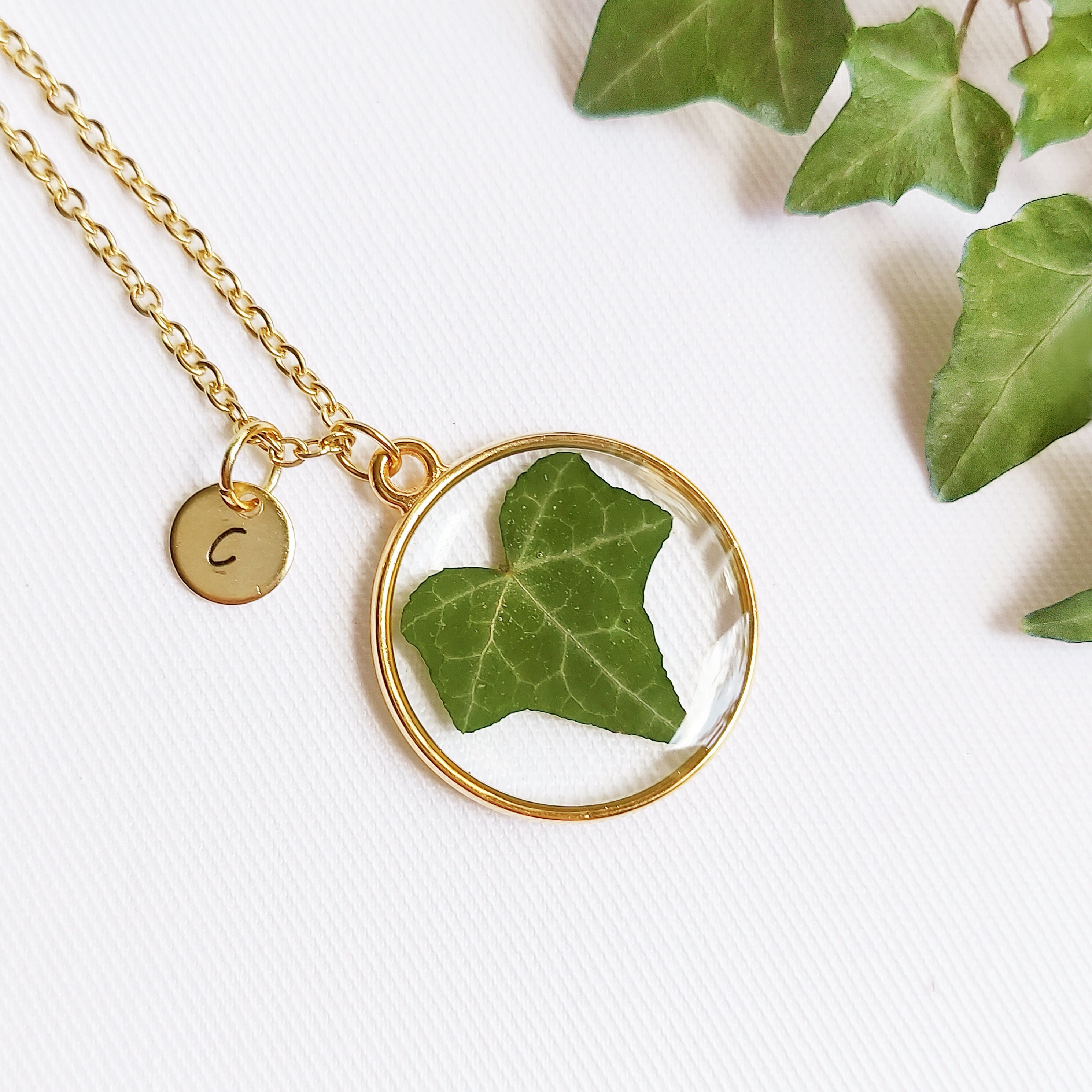 Personalized initial necklace, Pressed leaf necklace, Botanical jewelry, Personalized letter necklace for women, Ivy jewelry, Birthday gifts