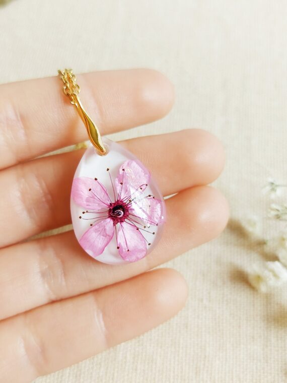Dainty flower necklace, Real Cherry Blossom necklace, Pink flower necklace, Cute necklace dainty, Gift for daughter, Pressed flower necklace