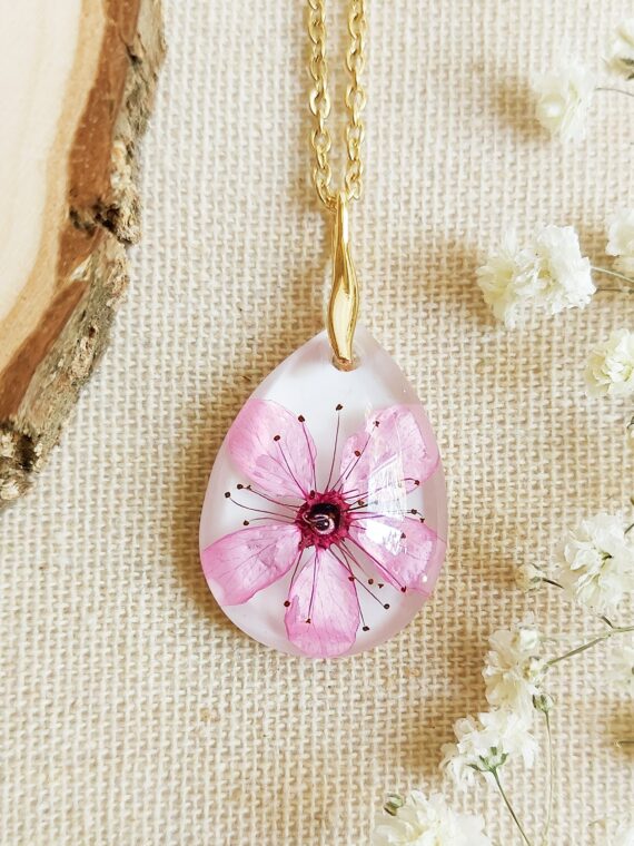 Dainty flower necklace, Real Cherry Blossom necklace, Pink flower necklace, Cute necklace dainty, Gift for daughter, Pressed flower necklace