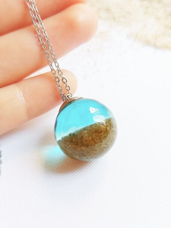 Ocean necklace, Beach sand necklace, Blue aqua crystal necklace, Real sand jewelry, Ocean gift for her, Sphere necklace, Ocean lover jewelry
