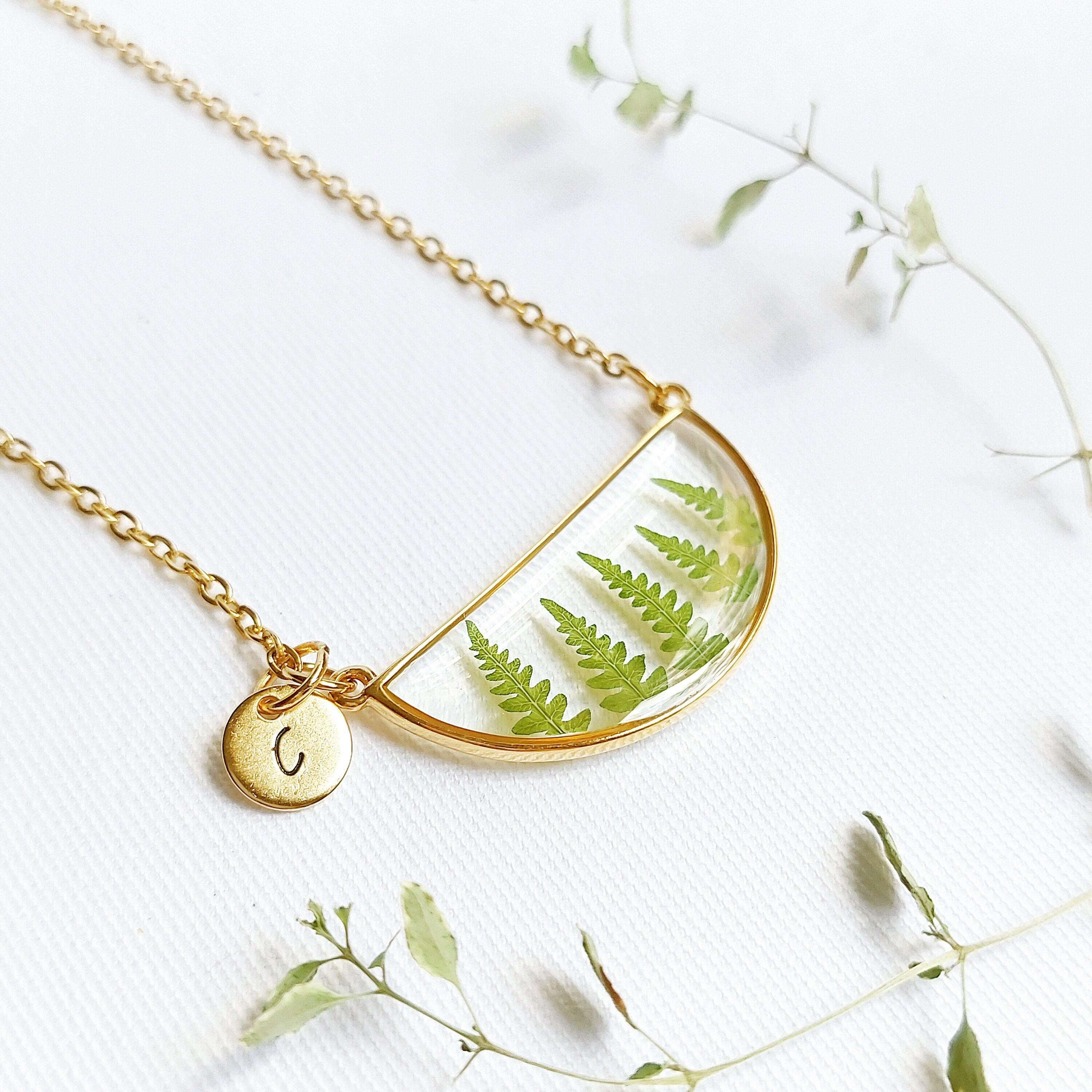 Nature lover necklace, Personalized letter necklace, Pressed leaf necklace, Fern necklace, Dainty leaf necklace, Custom minimalist necklace