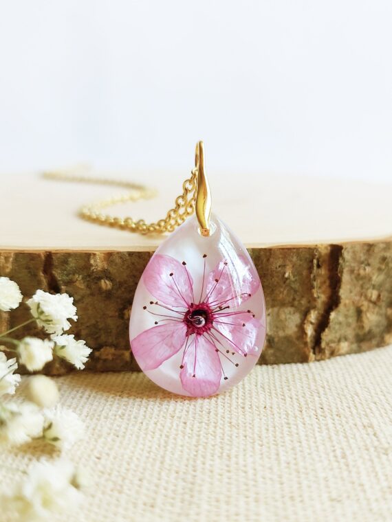 Dainty flower necklace, Real Cherry Blossom necklace, Pink flower necklace, Cute necklace dainty, Gift for daughter, Pressed flower necklace