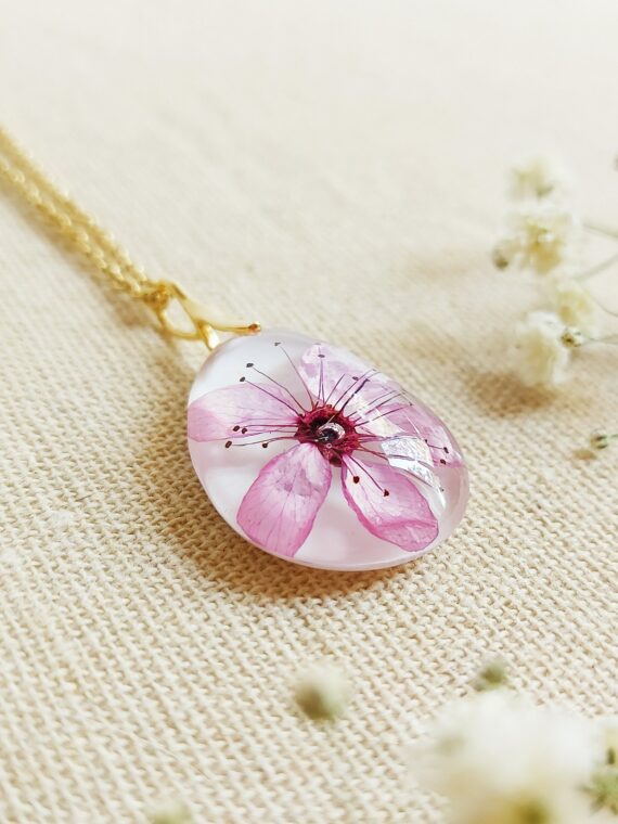 Dainty flower necklace, Real Cherry Blossom necklace, Pink flower necklace, Cute necklace dainty, Gift for daughter, Pressed flower necklace