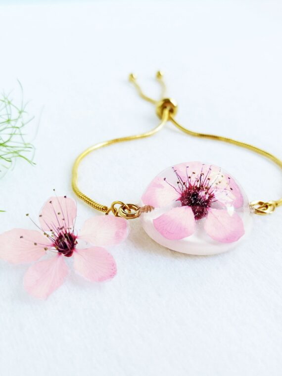 Dainty flower bracelet, Real Cherry Blossom flower jewelry, Stainless steel bracelet gold, Cute charm bracelet, Birthday gift for teen girl