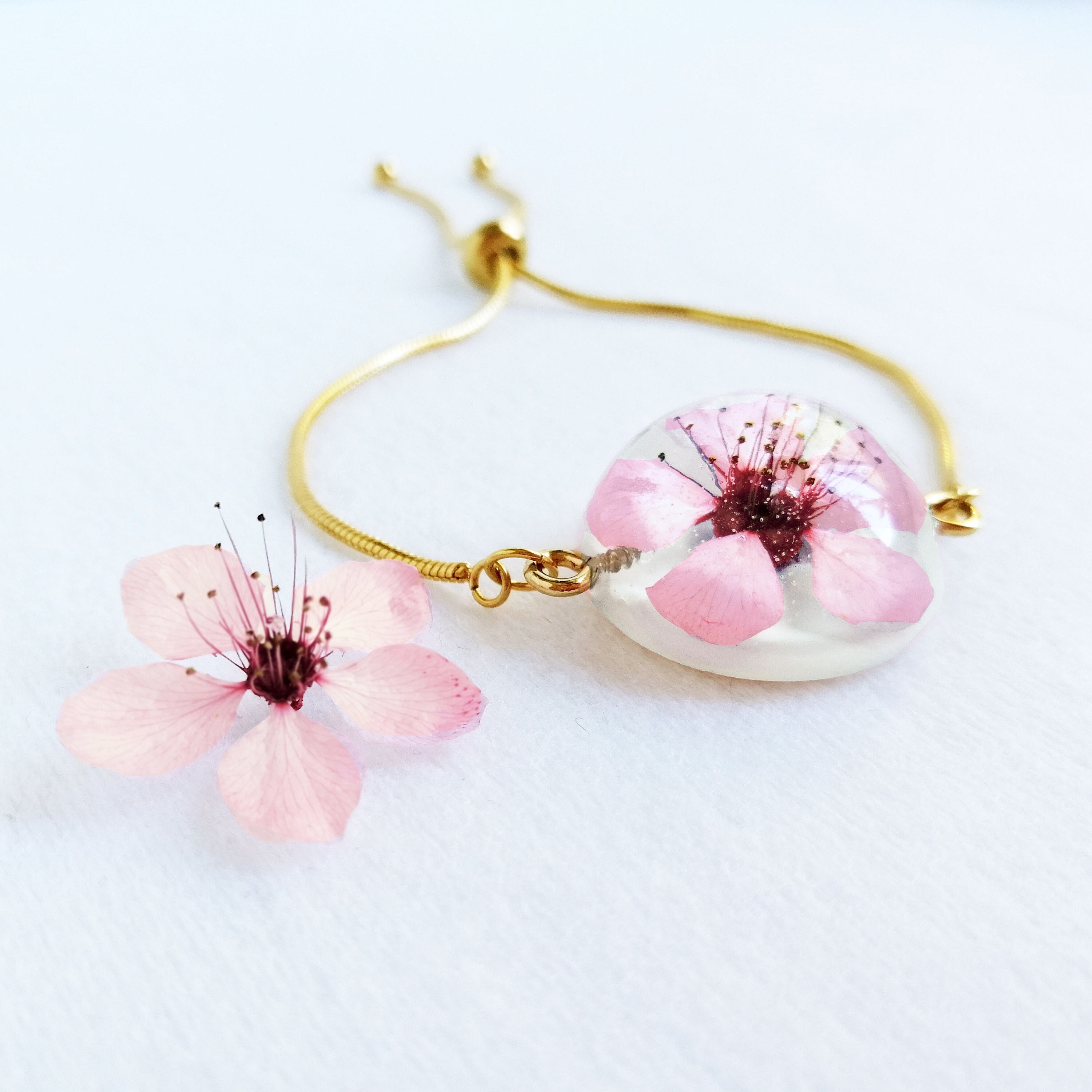 Dainty flower bracelet, Real Cherry Blossom flower jewelry, Stainless steel bracelet gold, Cute charm bracelet, Birthday gift for teen girl