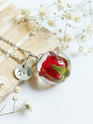 Personalized rose necklace, Real flower jewelry, Anniversary gifts for wife, Two letter necklace, Initial necklace for girlfriend