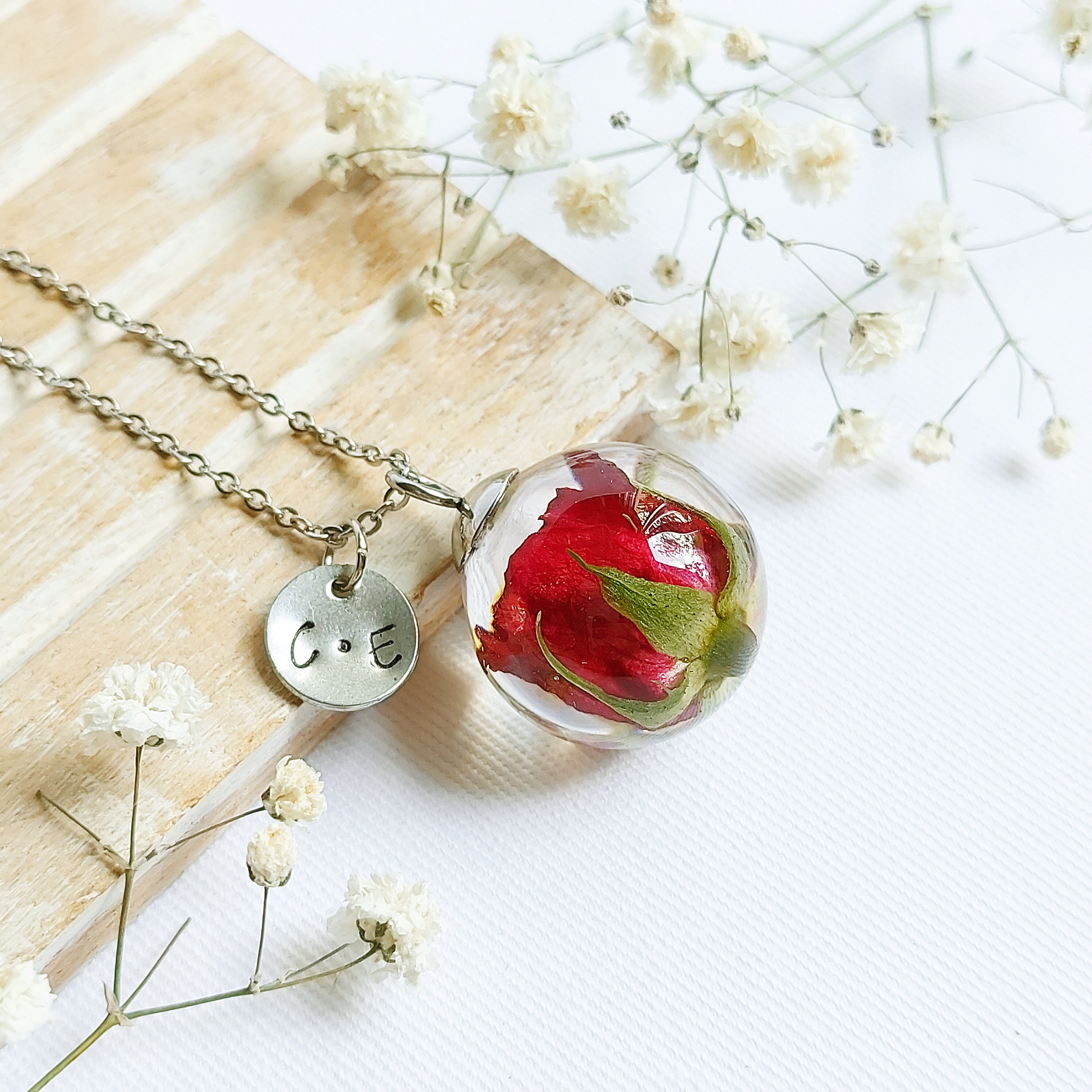 Personalized rose necklace, Real flower jewelry, Anniversary gifts for wife, Two letter necklace, Initial necklace for girlfriend