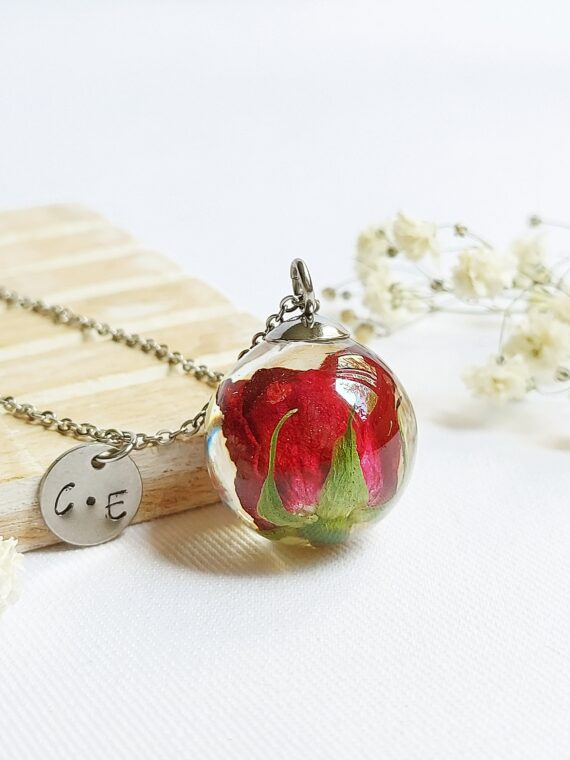 Personalized rose necklace, Real flower jewelry, Anniversary gifts for wife, Two letter necklace, Initial necklace for girlfriend