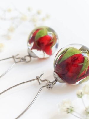 Red flower earrings, Real rose earrings, Special gift for wife, Romantic jewelry, Red dangle earrings, Anniversary gifts, Rosebud jewelry