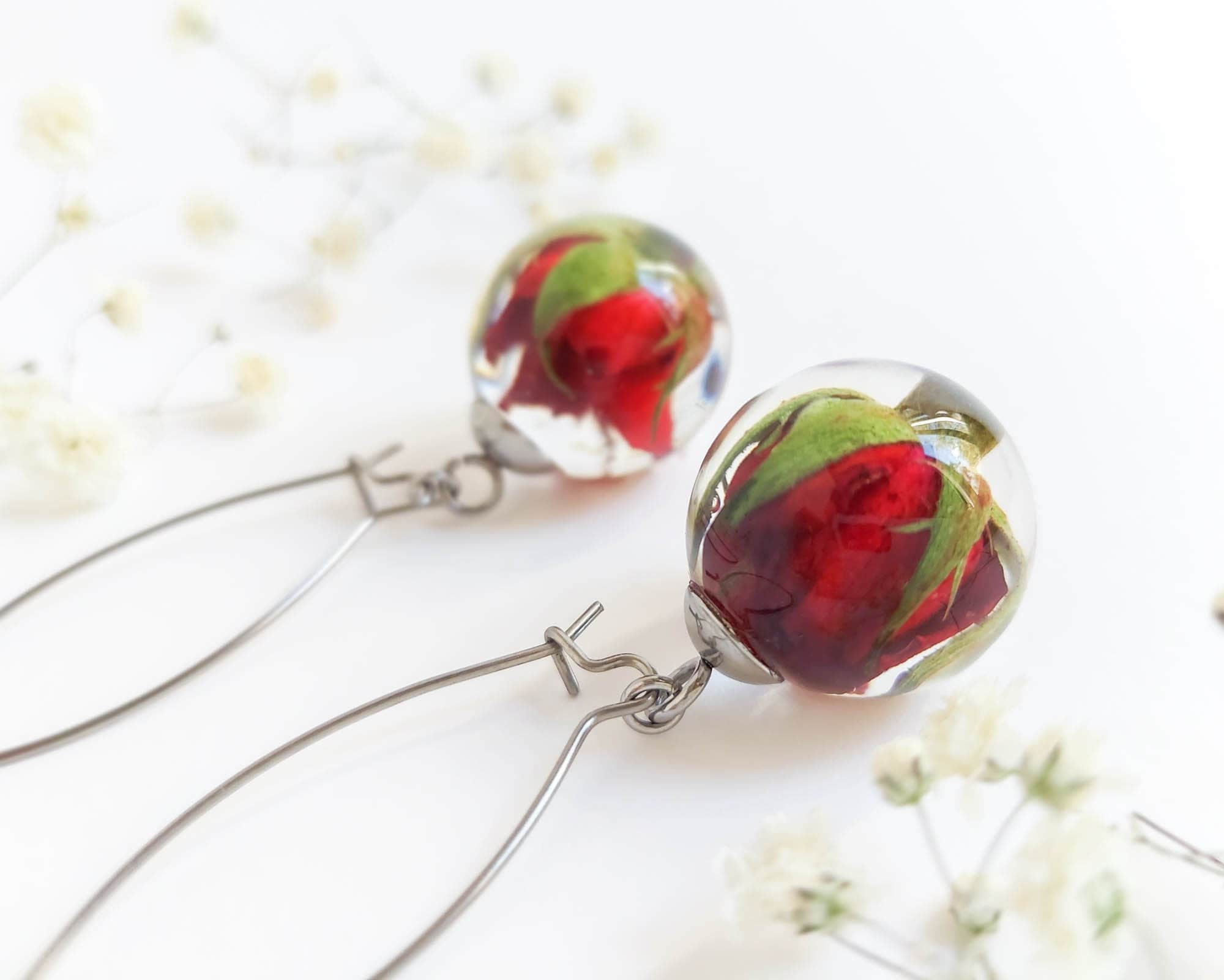 Red flower earrings, Real rose earrings, Special gift for wife, Romantic jewelry, Red dangle earrings, Anniversary gifts, Rosebud jewelry