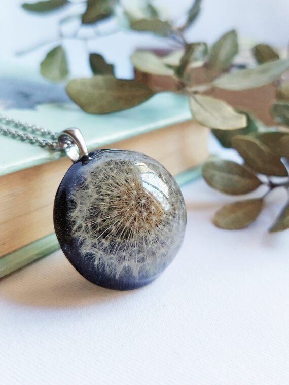 Boho black necklace, Dandelion wishes necklace, Boho nature necklace, Dandelion wish jewelry, Black resin necklace, Unique birthday gifts