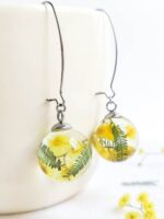 Dangle floral earrings, Yellow flower earrings, Mimosa earrings, Birthday gift for her friend, Floral resin jewelry, Botanical earrings