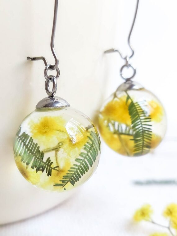 Dangle floral earrings, Yellow flower earrings, Mimosa earrings, Birthday gift for her friend, Floral resin jewelry, Botanical earrings