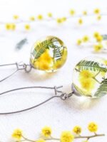 Dangle floral earrings, Yellow flower earrings, Mimosa earrings, Birthday gift for her friend, Floral resin jewelry, Botanical earrings
