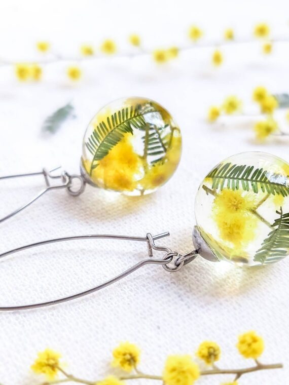 Dangle floral earrings, Yellow flower earrings, Mimosa earrings, Birthday gift for her friend, Floral resin jewelry, Botanical earrings