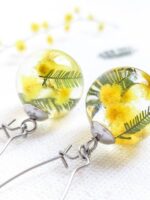 Dangle floral earrings, Yellow flower earrings, Mimosa earrings, Birthday gift for her friend, Floral resin jewelry, Botanical earrings