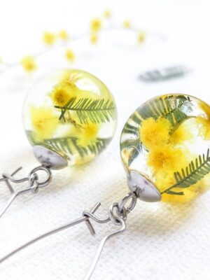 Dangle floral earrings, Yellow flower earrings, Mimosa earrings, Birthday gift for her friend, Floral resin jewelry, Botanical earrings