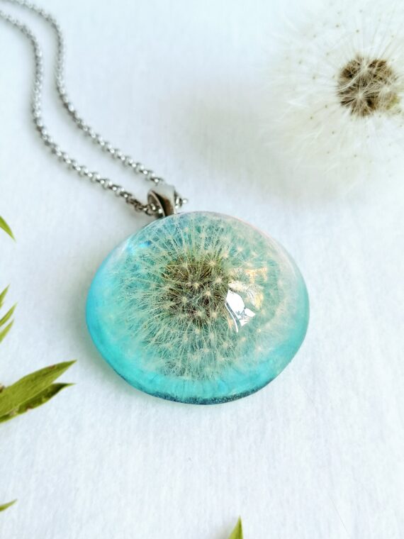 Real dandelion necklace, Sky blue necklace, Real flower necklace, Aquamarine flower necklace, Dandelion jewelry, Something blue gift for her