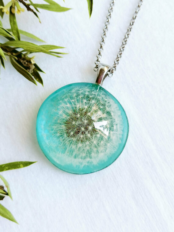 Real dandelion necklace, Sky blue necklace, Real flower necklace, Aquamarine flower necklace, Dandelion jewelry, Something blue gift for her