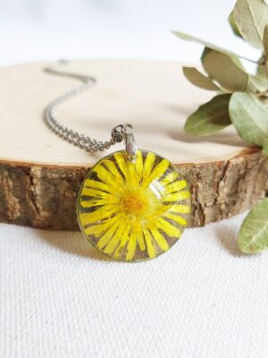 Yellow dandelion necklace, Pressed flower necklace, Boho rustic jewelry, Birthday gifts for mother, Yellow flower jewelry, Bohemian necklace