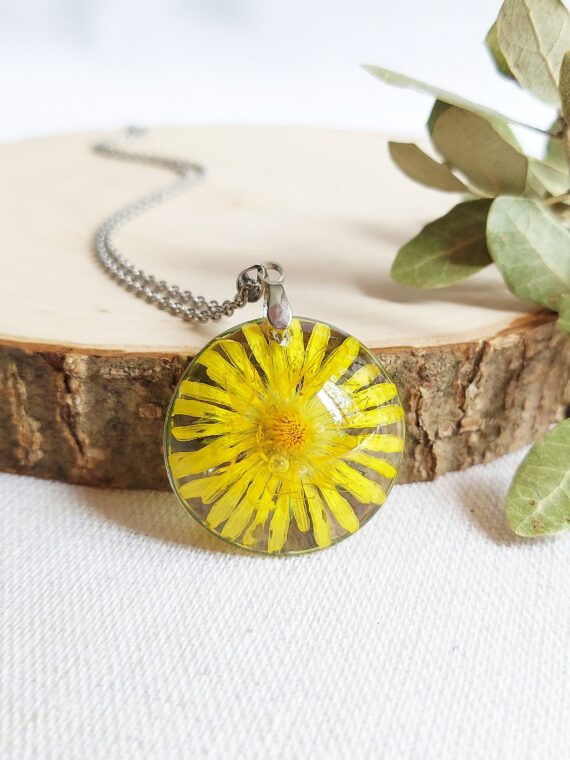 Yellow dandelion necklace, Pressed flower necklace, Boho rustic jewelry, Birthday gifts for mother, Yellow flower jewelry, Bohemian necklace