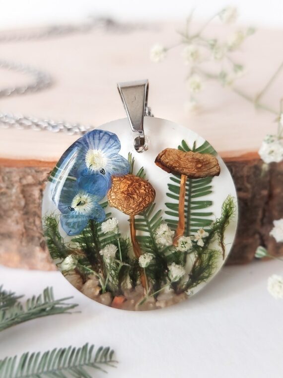 Nature Inspired Necklace with Real Mushroom, Flower and Leaf