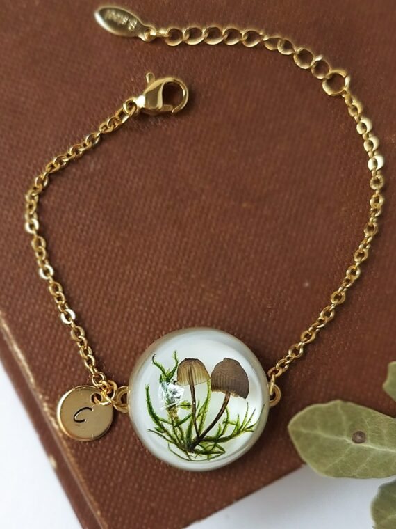 Personalized Initial Bracelet with Pressed Mushroom and Plants