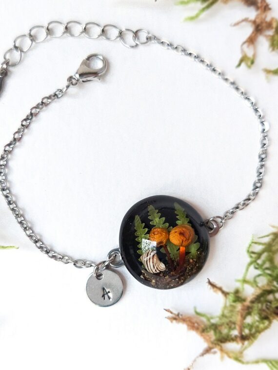 Custom Initial Real Mushroom Bracelet for Woodland Lovers
