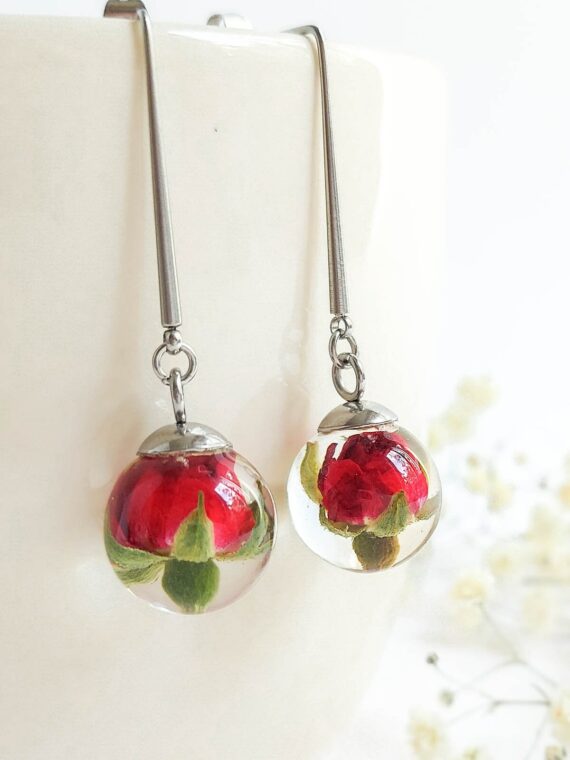 Red rose dangle earrings, Real flower earrings, June birthday gift, Red long earrings for women, Sphere drop earrings, Floral resin jewelry