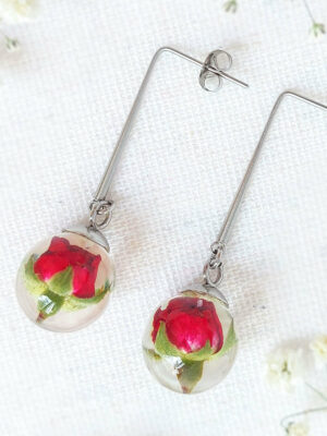Red rose dangle earrings, Real flower earrings, June birthday gift, Red long earrings for women, Sphere drop earrings, Floral resin jewelry