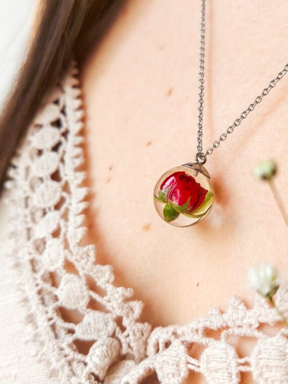 Small Flower Pendant Necklace - Red Rose Jewelry in Eco Resin