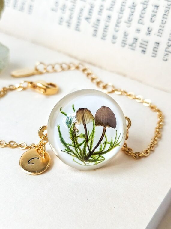 Personalized Initial Bracelet with Pressed Mushroom and Plants