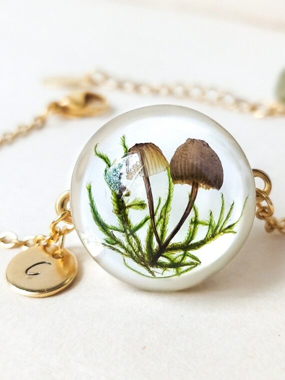 Personalized Initial Bracelet with Pressed Mushroom and Plants