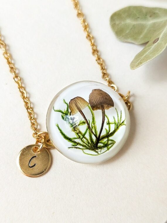 Personalized Initial Bracelet with Pressed Mushroom and Plants