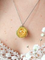 Yellow Rose Flower Pendant Necklace, Dried Rose in Resin