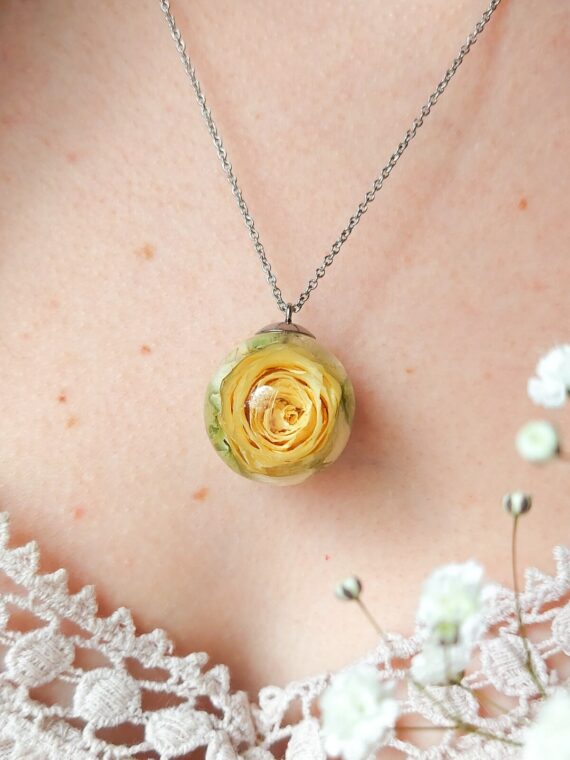 Yellow Rose Flower Pendant Necklace, Dried Rose in Resin