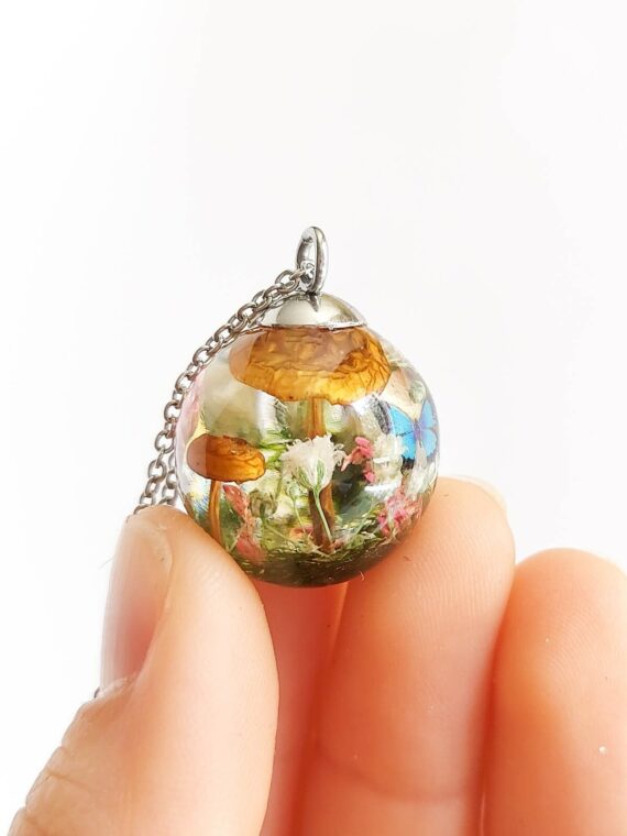 Terrarium Mushroom Necklace with Wildflower and Butterfly