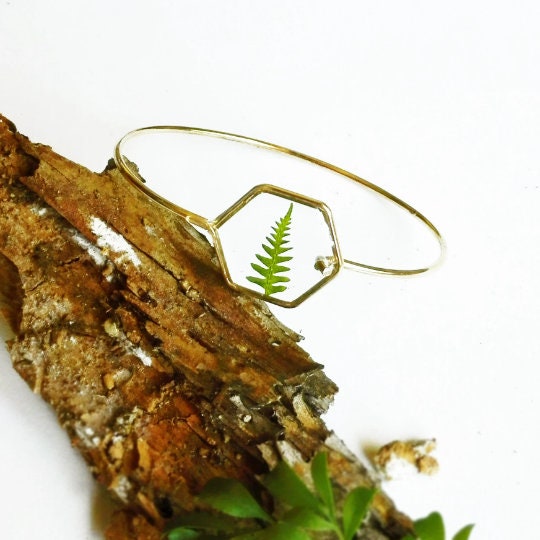 Geometric bracelet, Fern resin bracelet, Hexagon bracelet, Simple gold bracelet, Geometric jewelry, Solid bracelet gold, Unique gift for her
