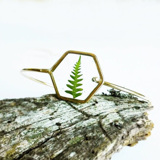 Geometric bracelet, Fern resin bracelet, Hexagon bracelet, Simple gold bracelet, Geometric jewelry, Solid bracelet gold, Unique gift for her