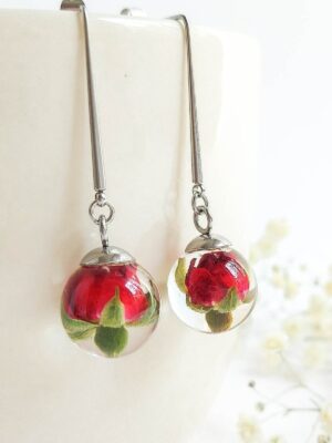 Rose flower earrings, Dried rose earrings, Dainty dangle earrings, Red flower jewelry, Long flower earrings, Birthday gift for wife