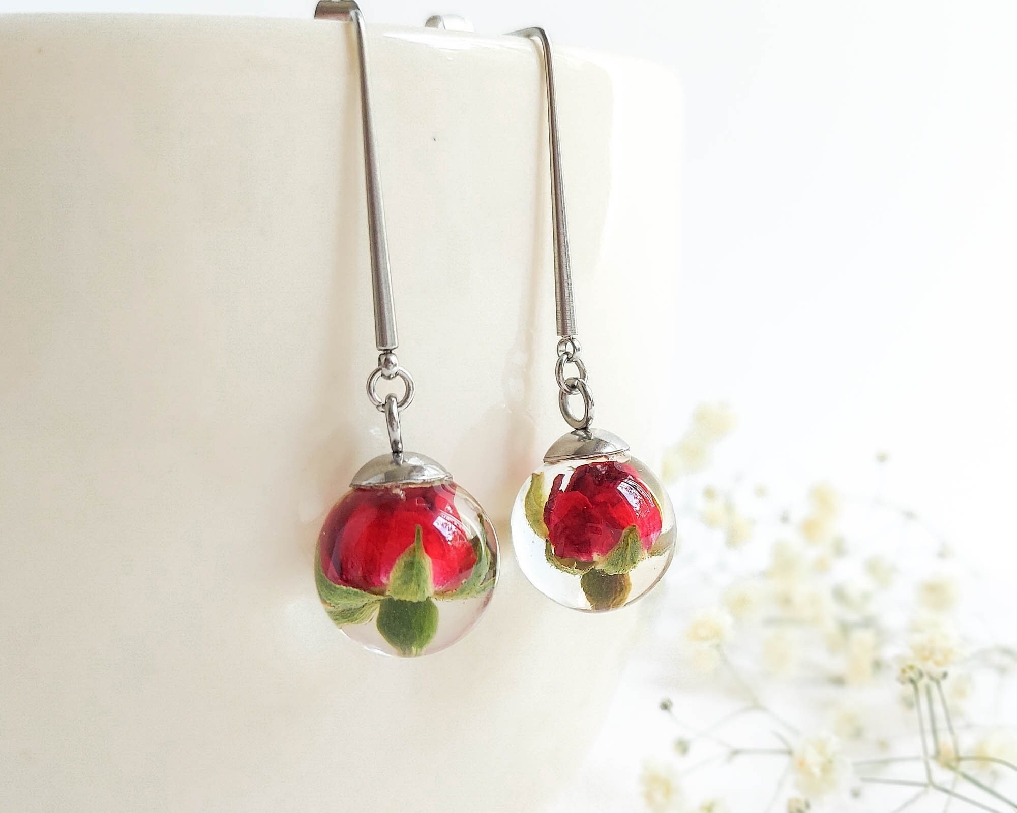 Rose flower earrings, Dried rose earrings, Dainty dangle earrings, Red flower jewelry, Long flower earrings, Birthday gift for wife