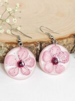 Cherry blossom earrings, Real flower earrings, Pink flower earrings dangle, Sakura jewelry, Round dangle earrings, Birthday gifts for women