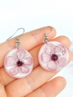 Cherry blossom earrings, Real flower earrings, Pink flower earrings dangle, Sakura jewelry, Round dangle earrings, Birthday gifts for women