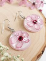 Cherry blossom earrings, Real flower earrings, Pink flower earrings dangle, Sakura jewelry, Round dangle earrings, Birthday gifts for women
