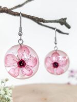 Cherry blossom earrings, Real flower earrings, Pink flower earrings dangle, Sakura jewelry, Round dangle earrings, Birthday gifts for women