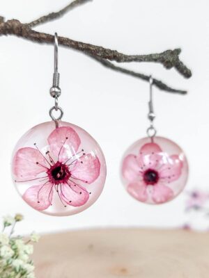 Cherry blossom earrings, Real flower earrings, Pink flower earrings dangle, Sakura jewelry, Round dangle earrings, Birthday gifts for women