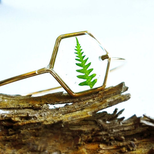 Geometric bracelet, Fern resin bracelet, Hexagon bracelet, Simple gold bracelet, Geometric jewelry, Solid bracelet gold, Unique gift for her